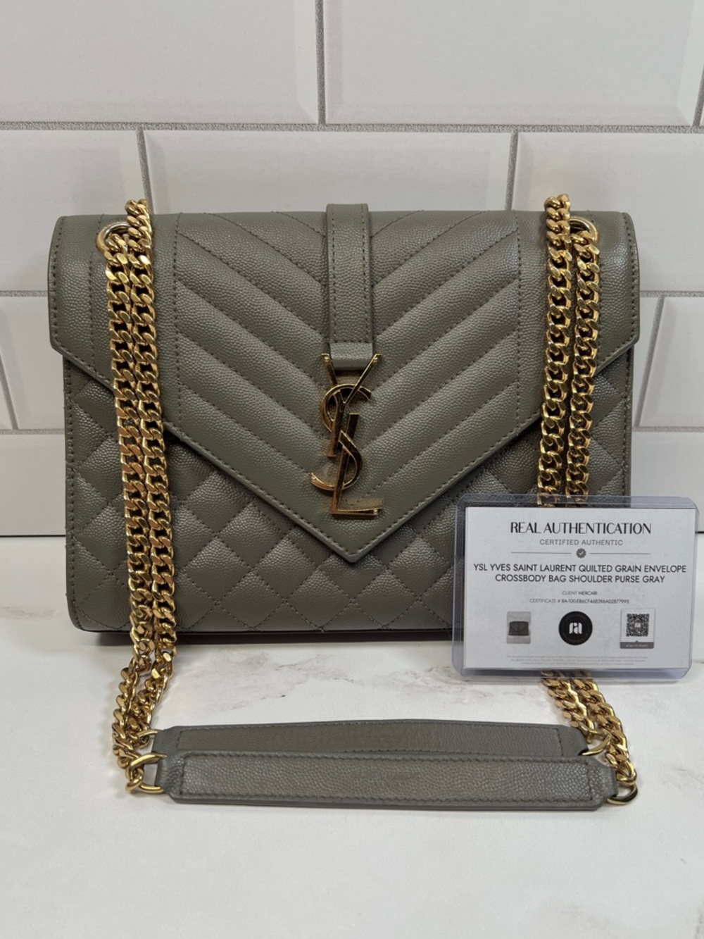YSL Yves Saint Laurent Quilted Grain Envelope Crossbody Bag Shoulder Purse Gray